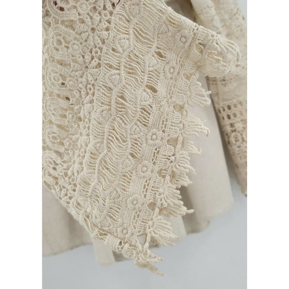 Chrysanthemum Women's M Tan Bell Sleeve Crochet Bell Sleeve Top Slouchy Linen - Picture 7 of 10